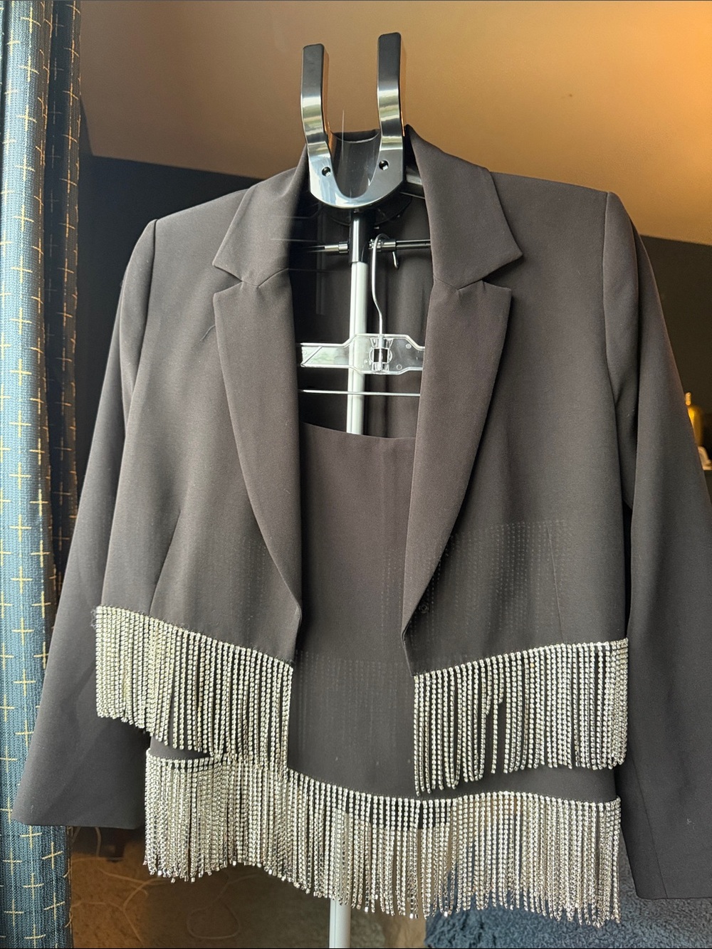 Black Womens Fringe-Trim Blazer Jacket and skirt
